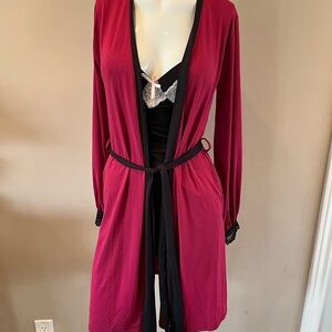 La Vie En Rose Burgundy and Black Satin-Trim Robe